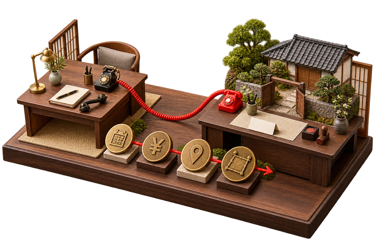 Miniature model of two property desks connected by a red telephone cord, with verification tokens between them