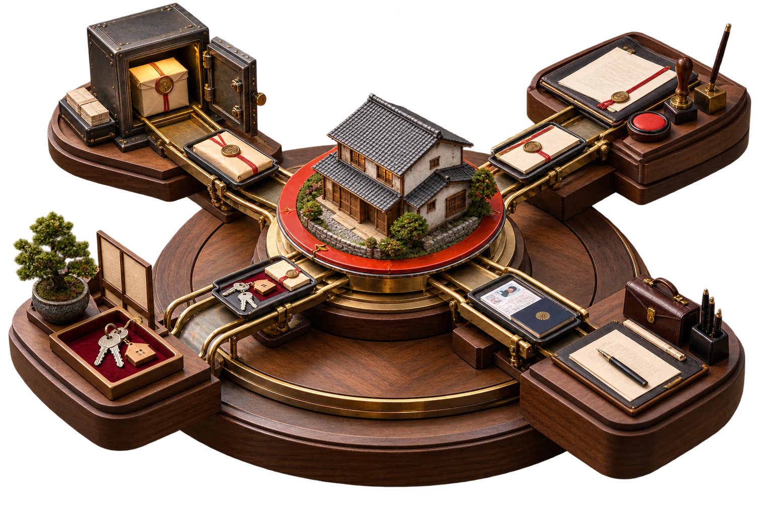 Miniature mechanical closing table aligning escrow funds, registration papers, buyer identity documents and house keys