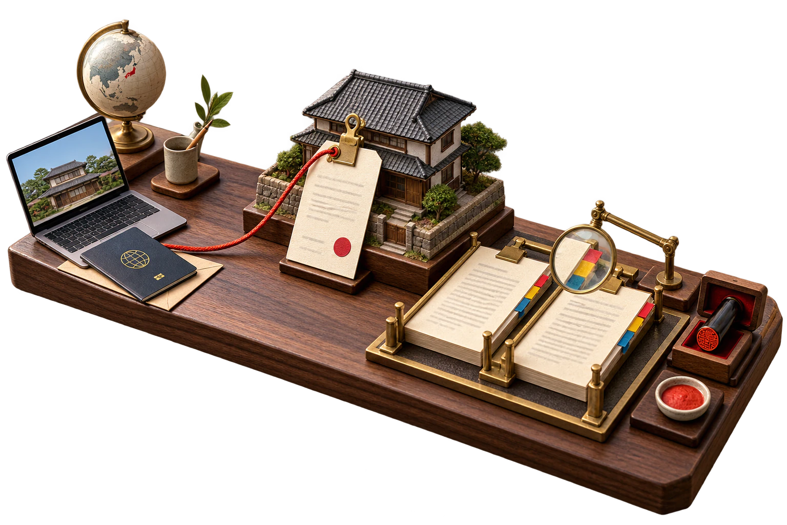 Miniature model of a property-specific Power of Attorney connecting a remote buyer to two matching contract packets and a waiting name seal