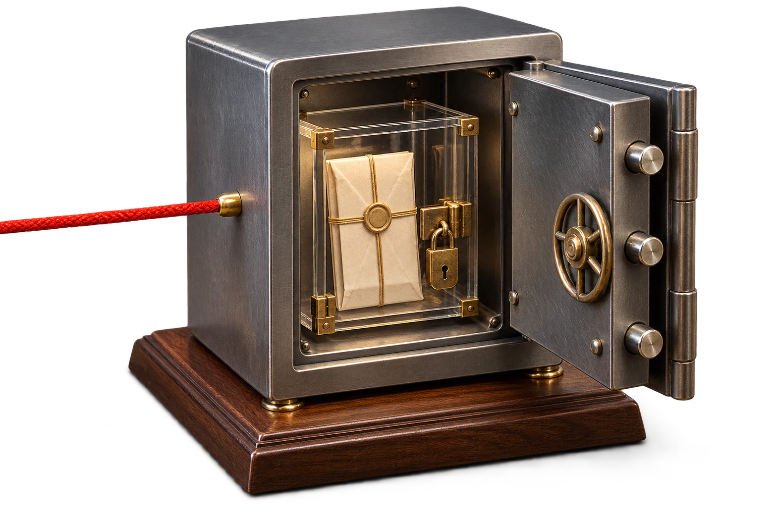 Miniature trust safe holding a sealed yen packet inside a separate locked compartment, beyond AkiyaHub's red coordination cord