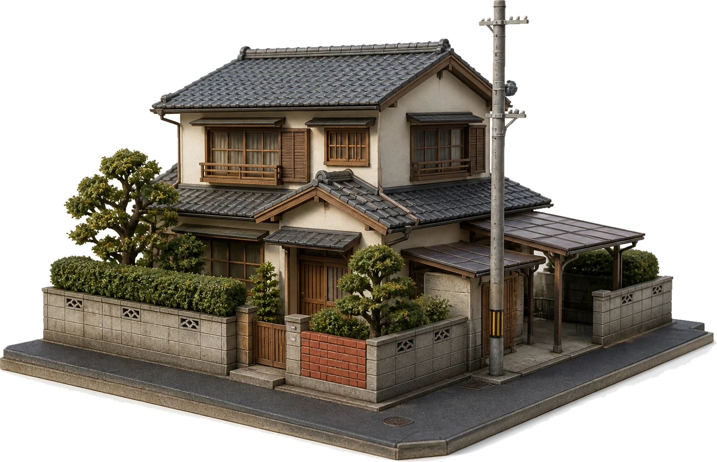 Miniature model of a Japanese residential street corner with a two-storey house, block wall and carport