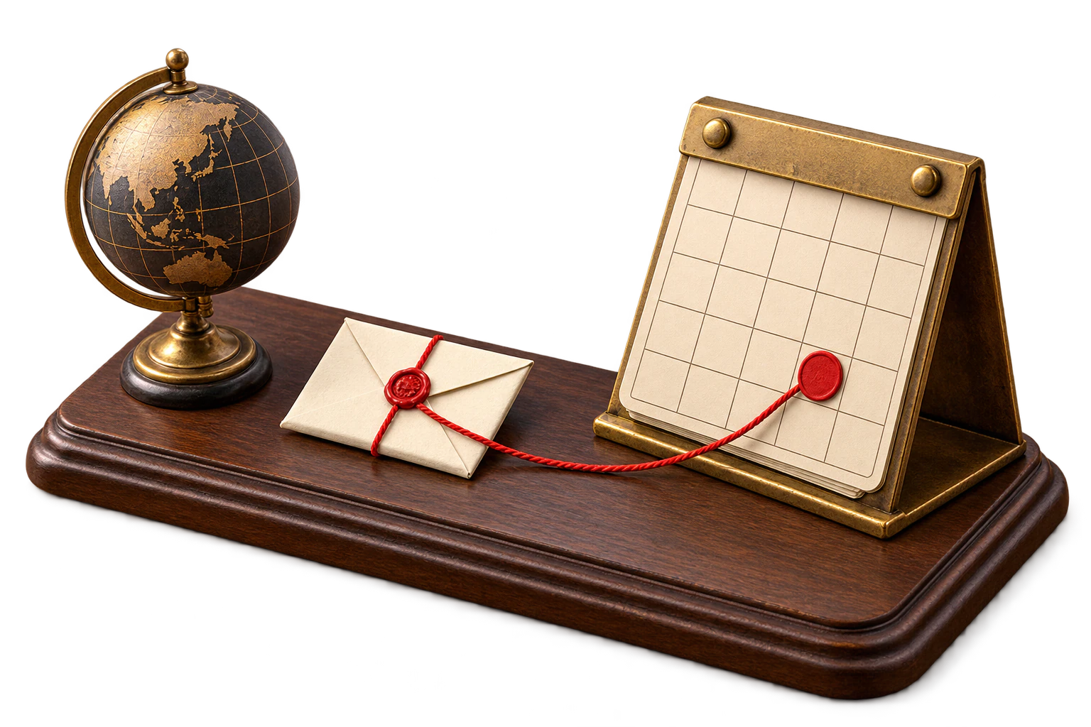 Miniature transfer envelope approaching a red closing deadline on a brass calendar from overseas