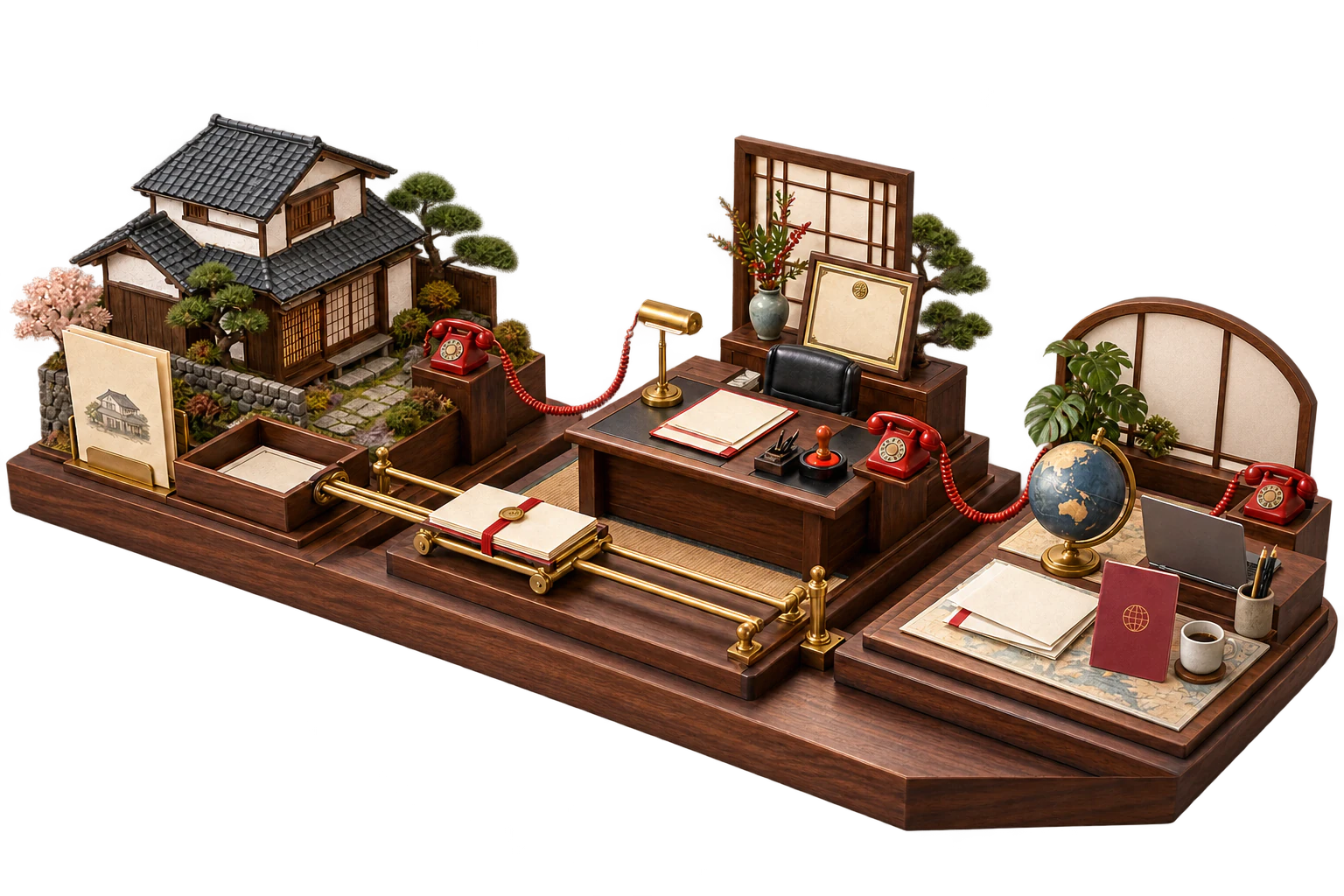 Miniature model of buyer materials moving through a licensed brokerage desk to the seller side on a document rail