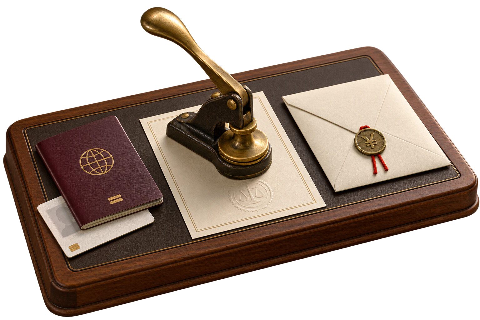 Miniature preparation desk with identity documents, a notarized affidavit and a sealed yen balance envelope