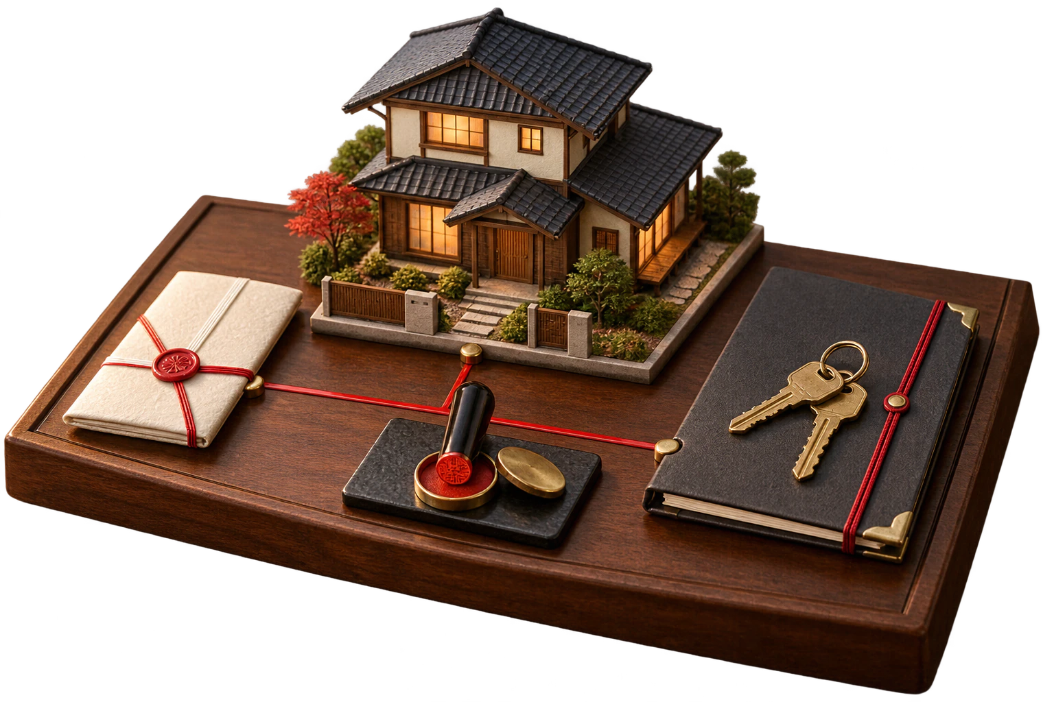 Miniature closing table with a sealed payment, a Japanese house, a title folder and house keys
