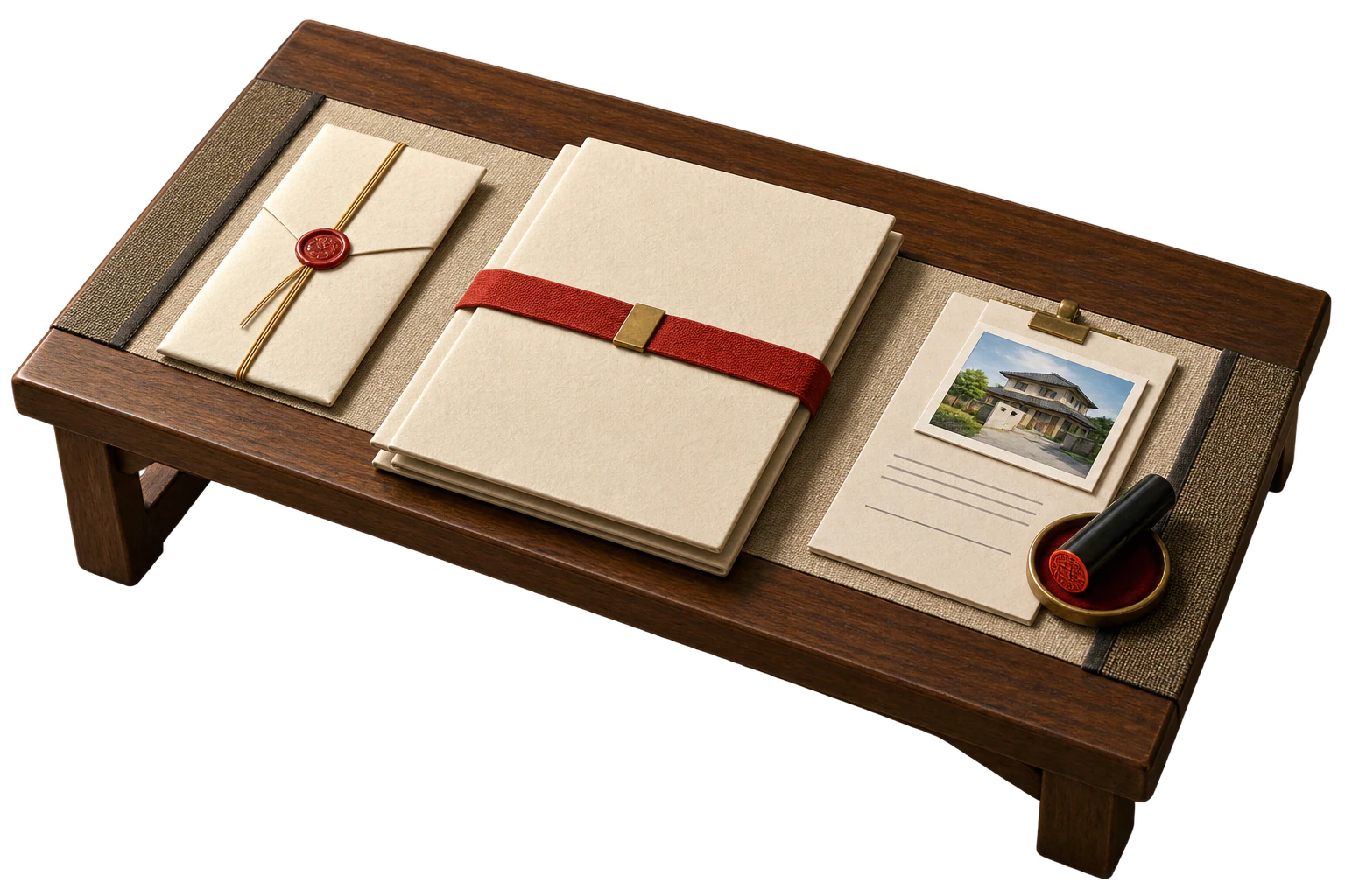Miniature contract table with a sealed deposit envelope, matching contract folders, a property-specific Power of Attorney and a waiting name seal