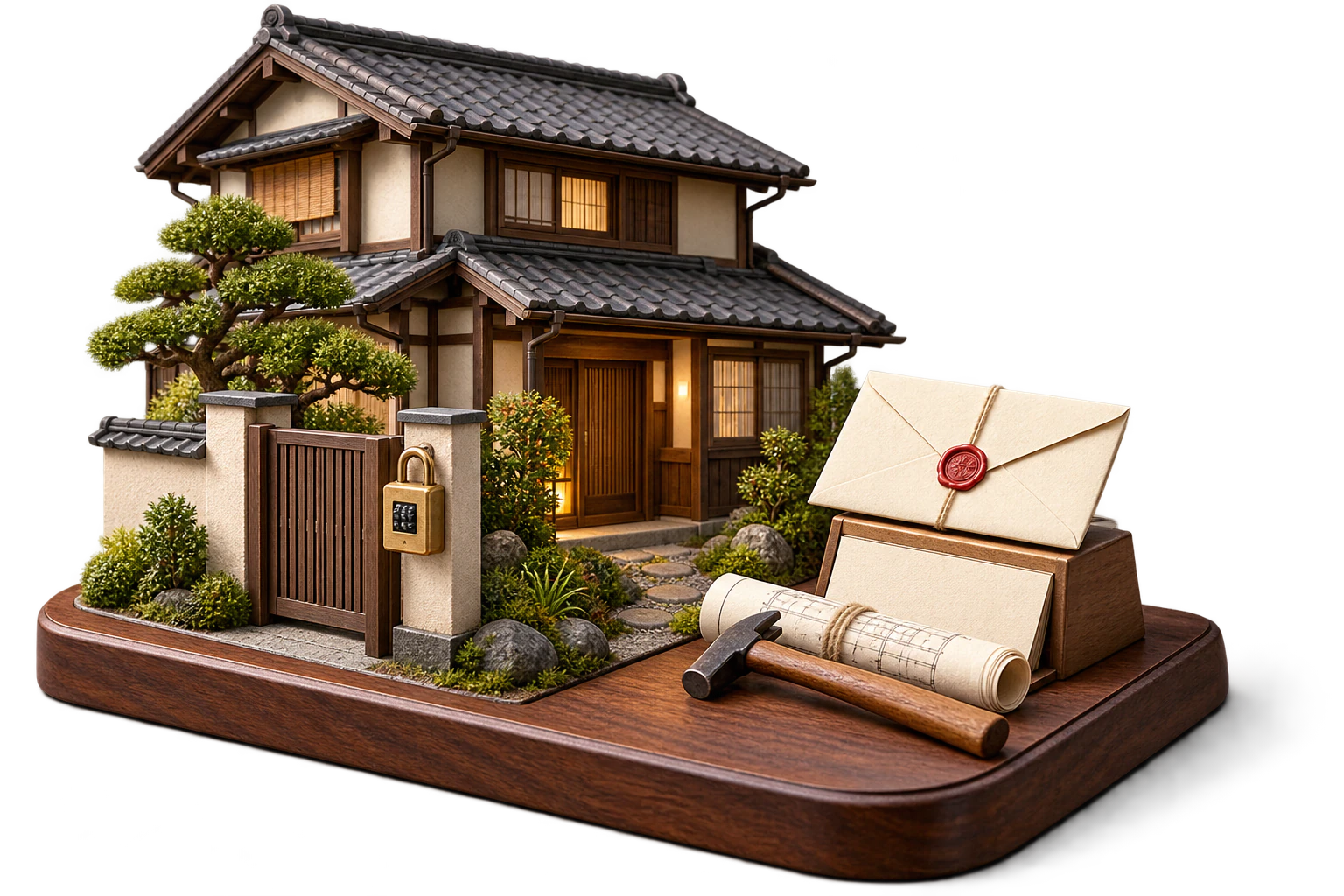 Miniature Japanese house with a secure keybox, an optional renovation plan and a deed envelope awaiting delivery