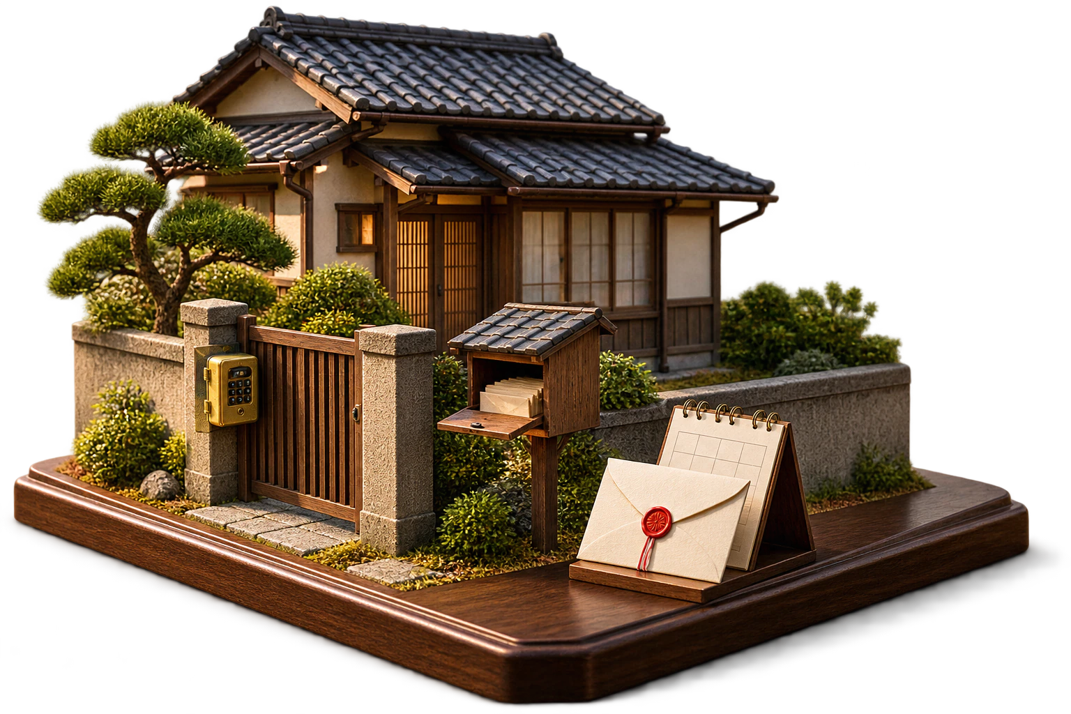 Miniature Japanese house with a secure keybox, arriving bills and a deed envelope awaiting delivery