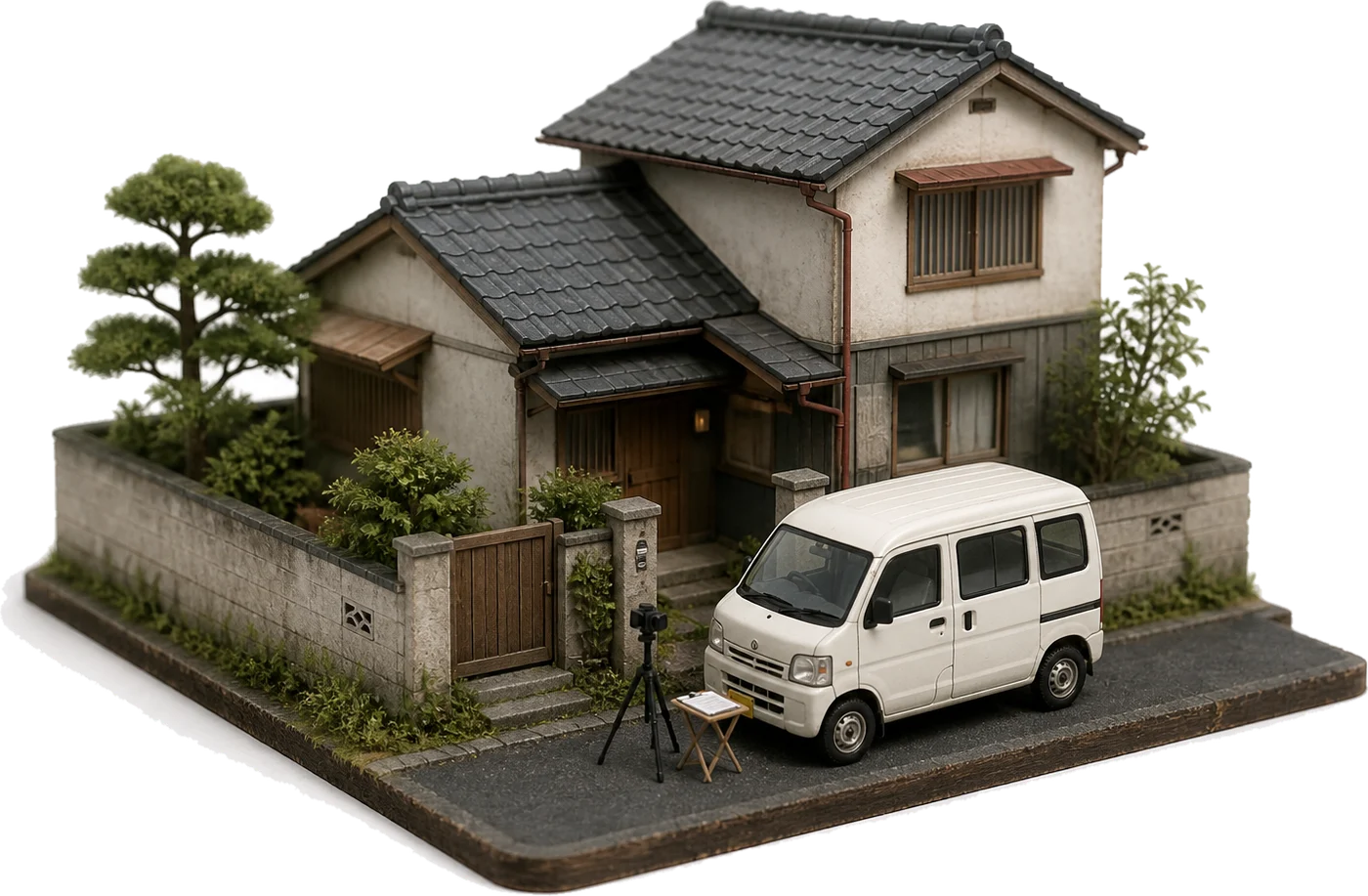 Miniature model of a small white van and camera tripod outside a Japanese house during a property visit