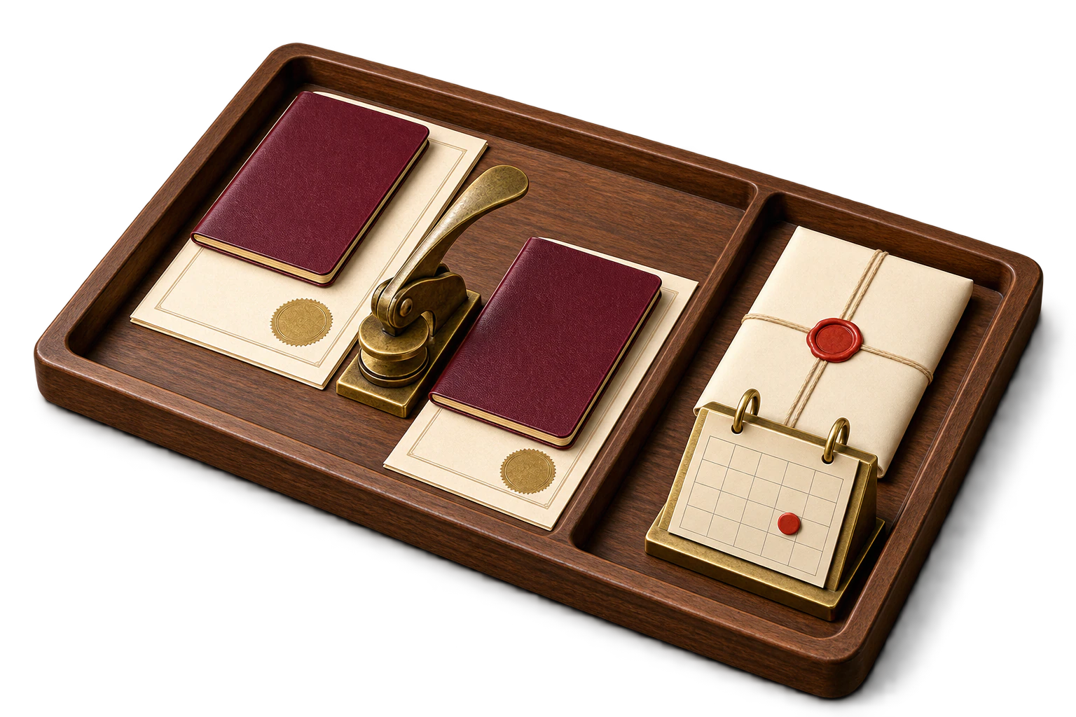 Miniature divided preparation desk with complete owner document kits, a notary press, a yen packet and a closing deadline