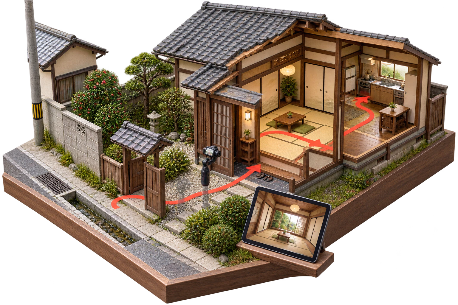 Miniature cutaway Japanese house with a camera following a marked route from the street through the interior