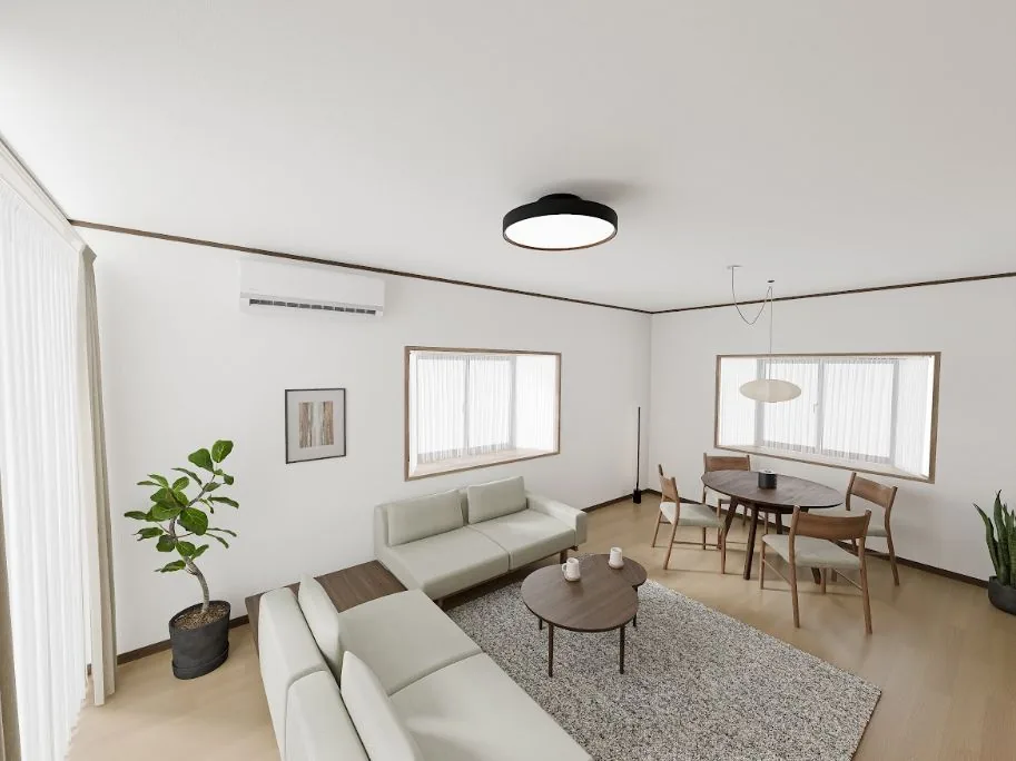 3D render of a furniture plan for a bright living and dining room