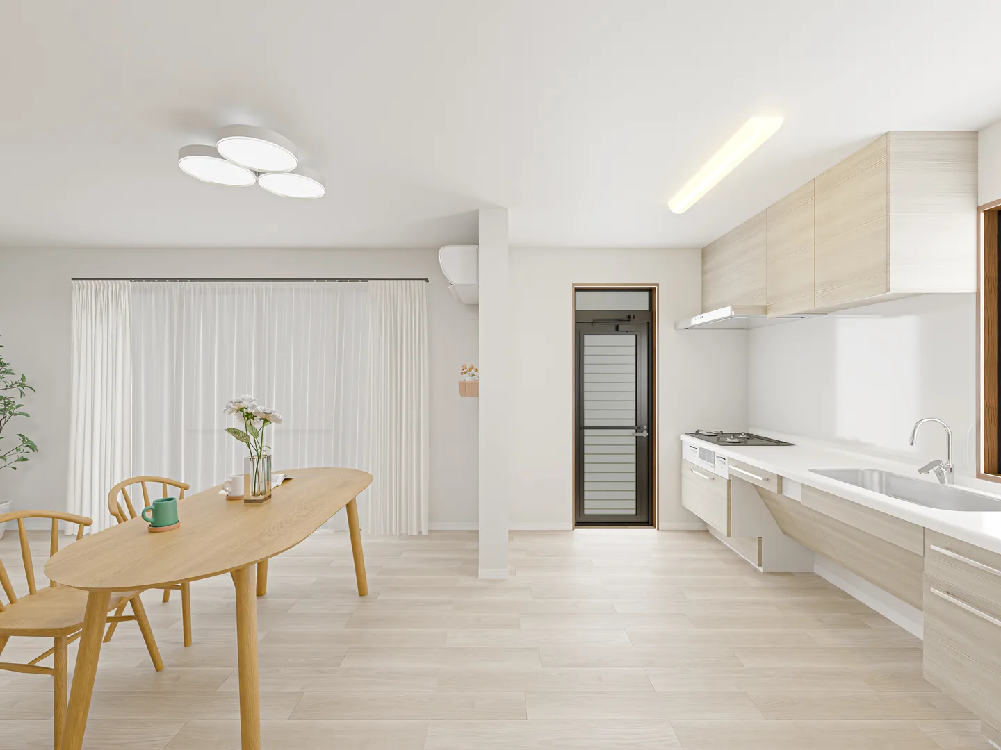 3D render of a renovation vision for a bright kitchen and dining room