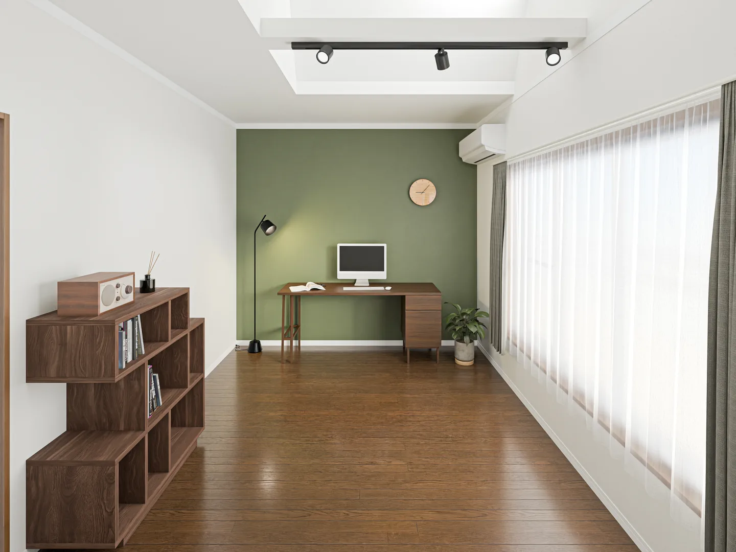 3D render of a renovation vision for a home study with a green feature wall