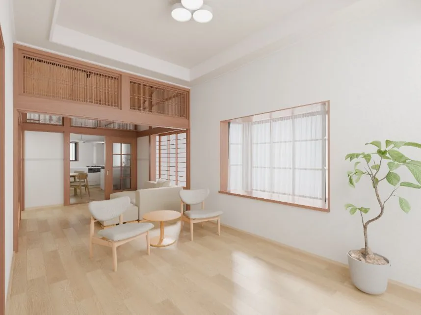 3D render of a renovation vision for a bright room that retains traditional wood details