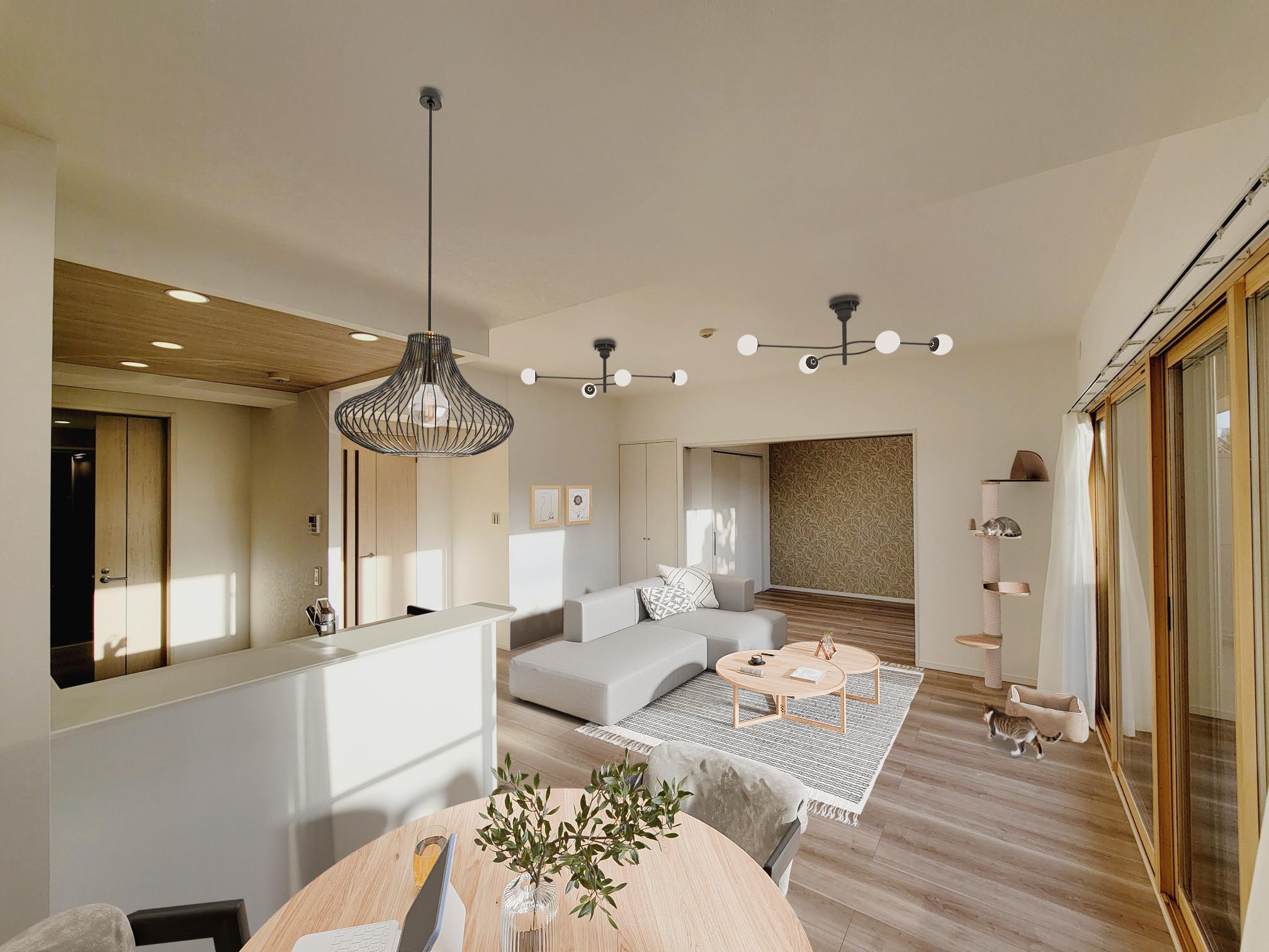 The same LDK shown with a virtual furniture, lighting, and decor plan