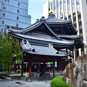 Shrine structures surrounded by high-rise towers in central Kyoto.