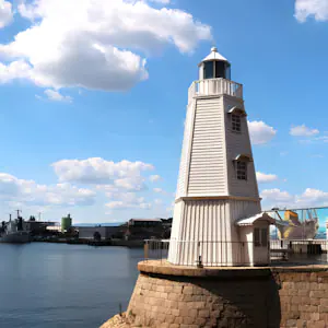Sakai harbor lighthouse looks out over the water, Sakai City, Osaka.