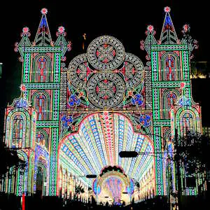 Night view of Illuminated structures in Higashi Yuenchi Park, Kobe City, during the annual Kobe Luminarie.