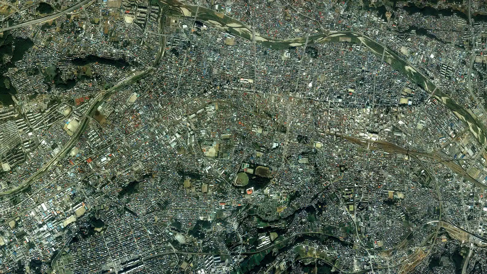 Hachioji city center with hills around western Tokyo