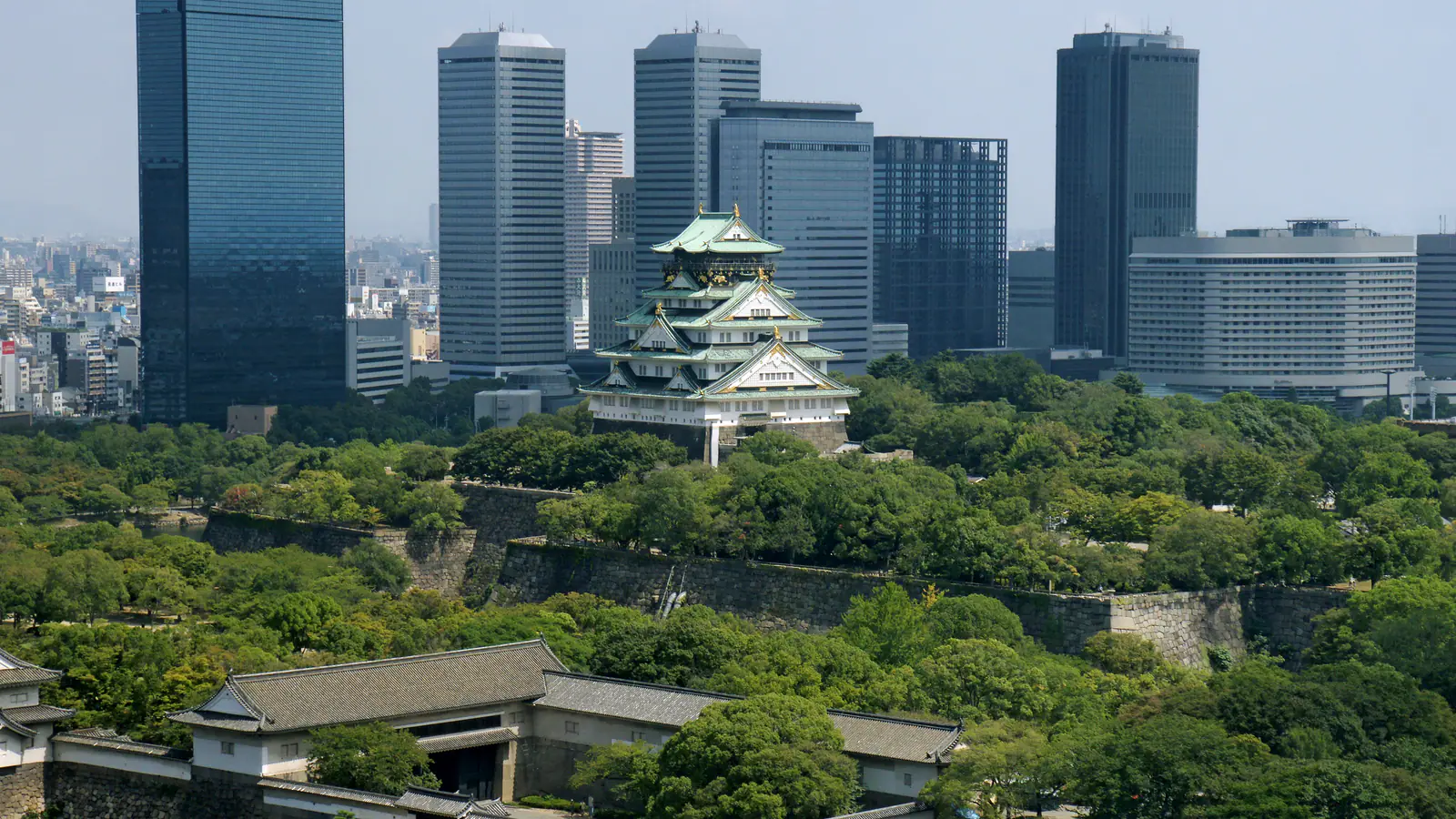 Osaka Castle above the trees in central Osaka