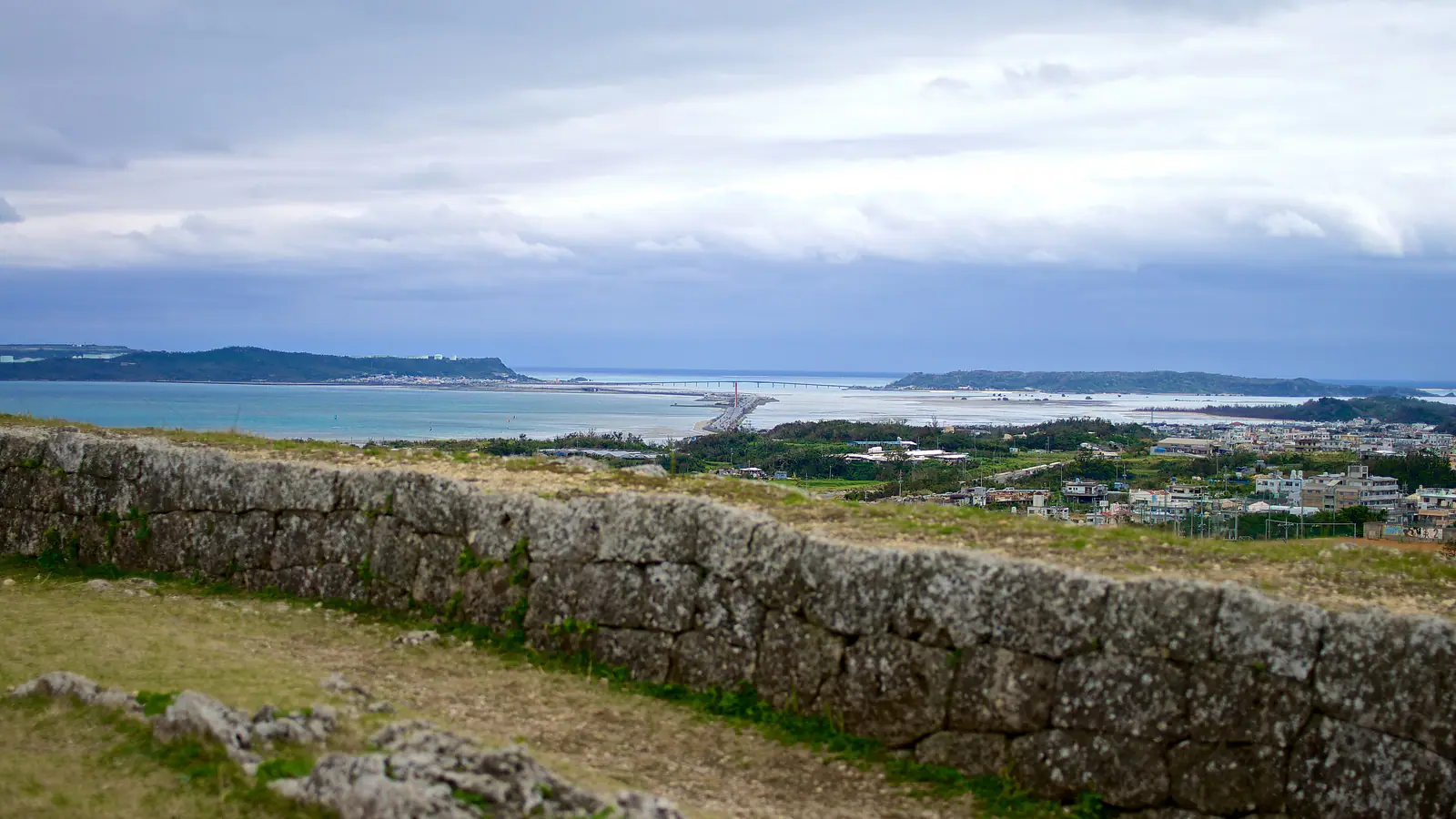 The Kaichu Doro causeway crossing the sea in Uruma, Okinawa