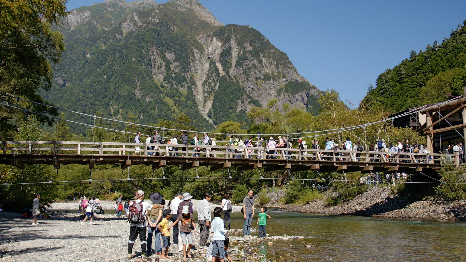 The Kappabashi bridge and Northern Alps at Kamikochi, Nagano