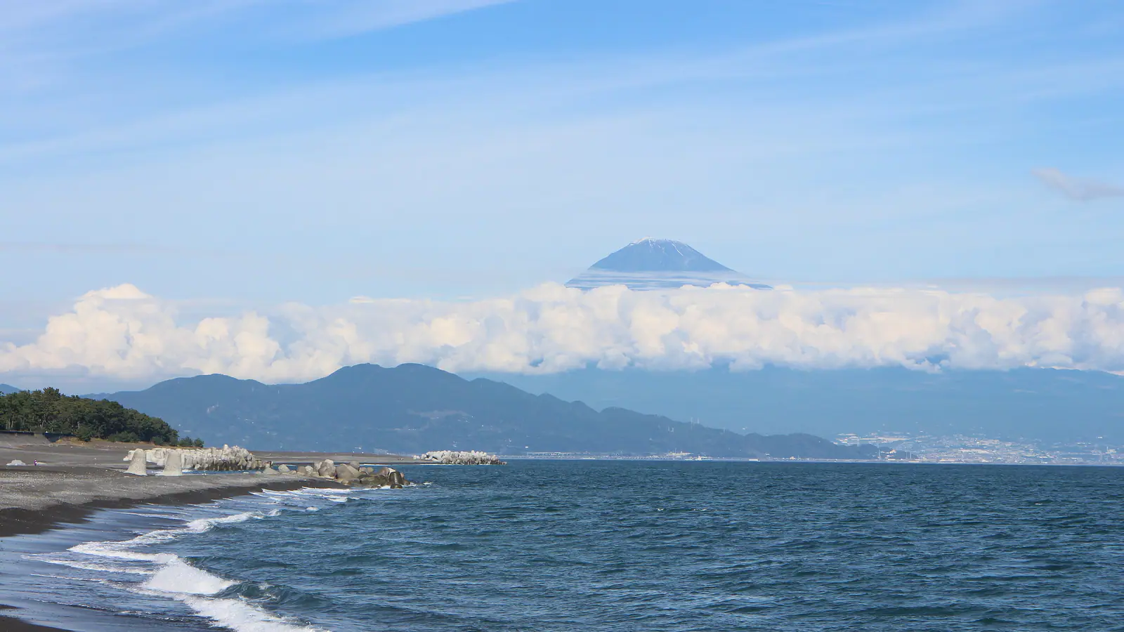 Mount Fuji rising beyond the Miho no Matsubara pine grove in Shizuoka