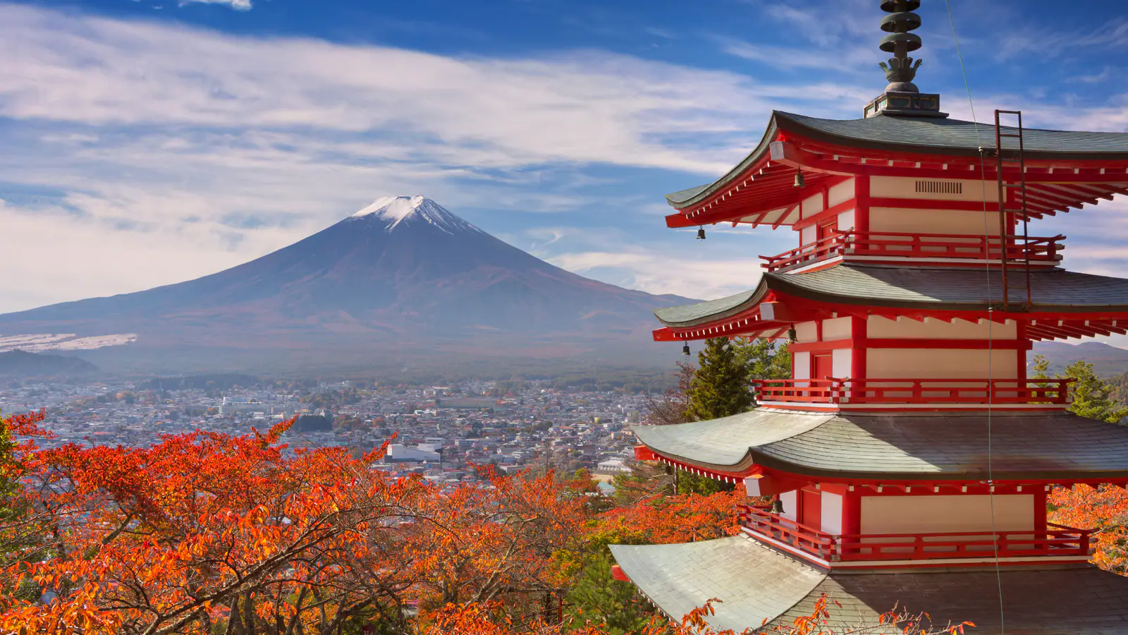 The Chureito Pagoda with Mount Fuji behind it in Yamanashi