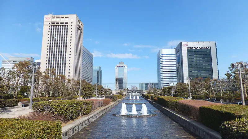 High-rise towers and fountains in the Makuhari New City business district, Chiba