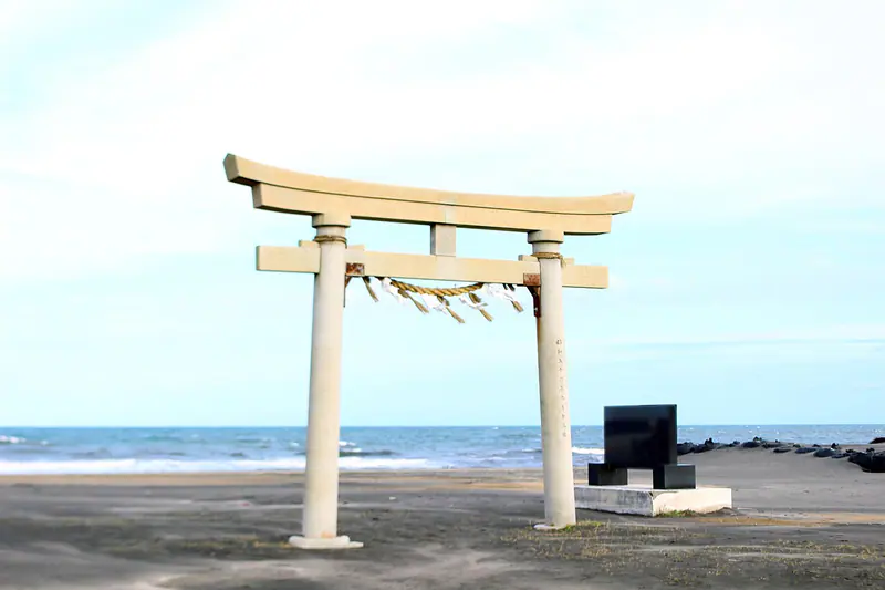The seaside torii gate at Tsurigasaki Beach in Ichinomiya, Chiba, the Tokyo 2020 Olympic surf venue