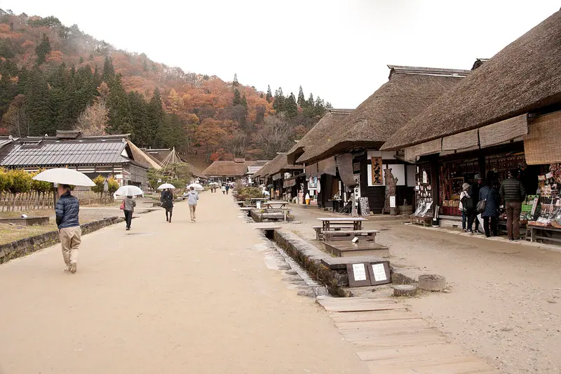 Thatched-roof houses along the old post town street of Ouchi-juku in Fukushima Prefecture
