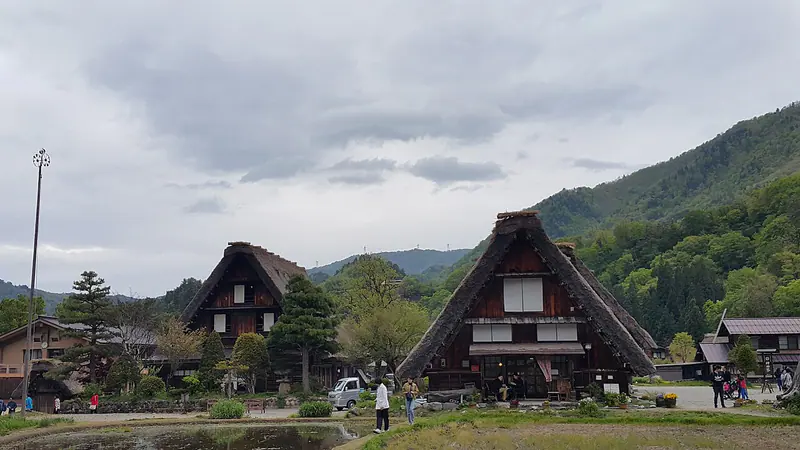 Thatched gassho-zukuri farmhouses in the historic village of Shirakawa-go, Gifu Prefecture