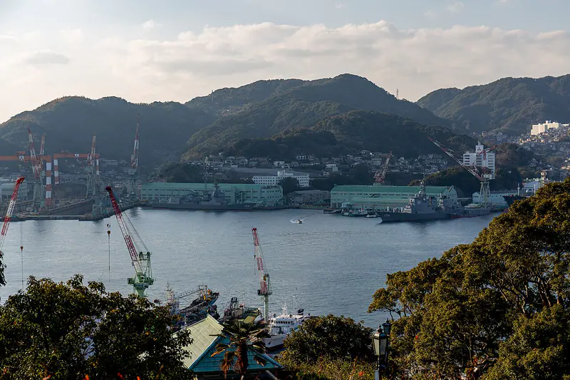 View over Nagasaki harbor and the surrounding hillside city in Nagasaki Prefecture