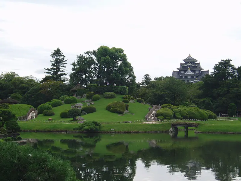Korakuen garden with the black Okayama Castle rising behind it in Okayama