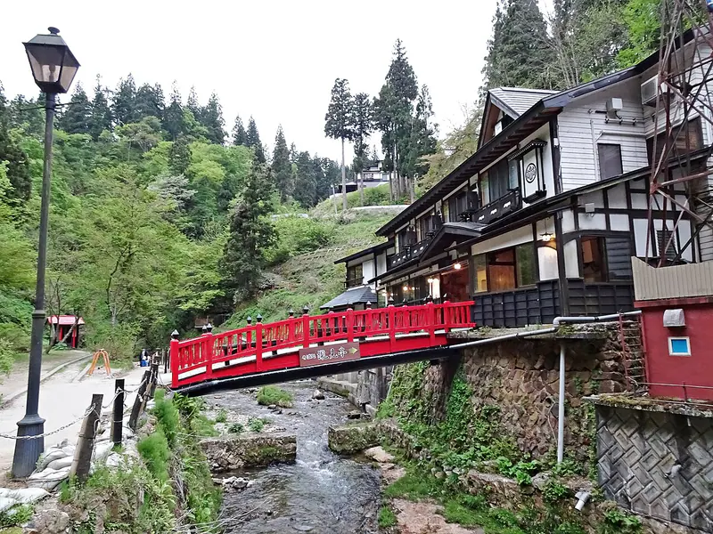 Historic wooden inns lining the river at Ginzan Onsen in Yamagata Prefecture