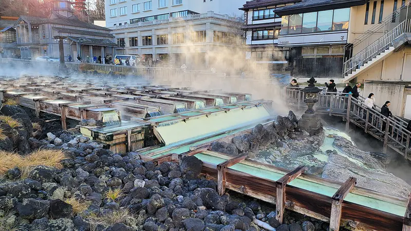 The Yubatake hot-water field at the center of Kusatsu Onsen, Gunma