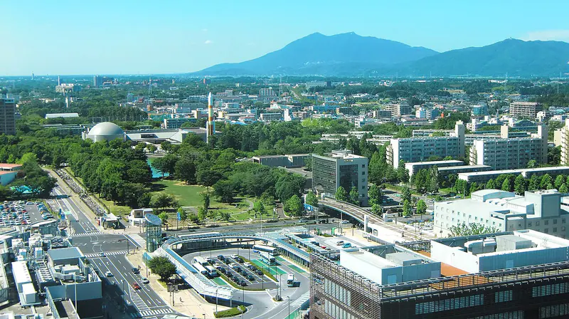Tsukuba Center with Mount Tsukuba rising behind it, Ibaraki