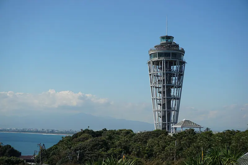 The island of Enoshima and its Sea Candle tower on the Shonan coast, Kanagawa