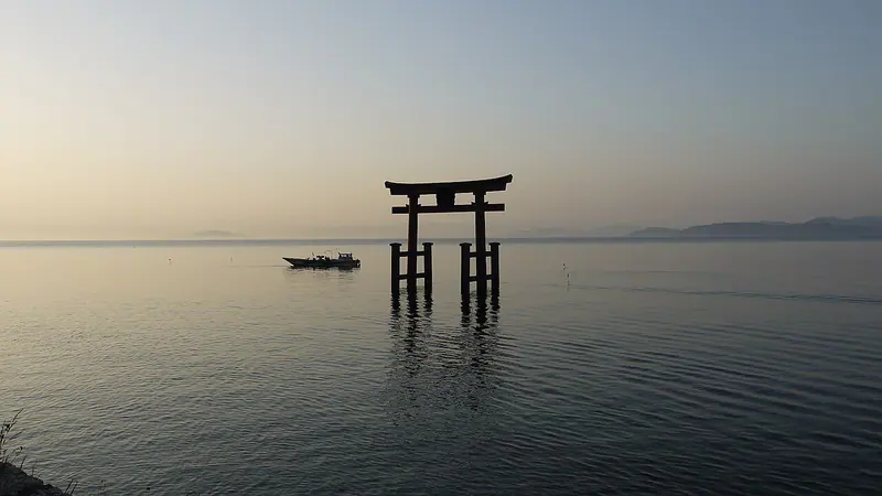 The lake torii of Shirahige Shrine on the western shore of Lake Biwa, Shiga