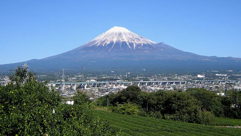 Mount Fuji rising above Fuji City in eastern Shizuoka