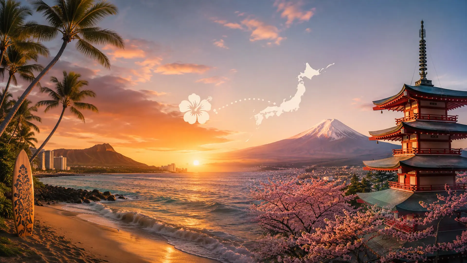 Hawai‘i beach blending into Mount Fuji and a Japanese pagoda