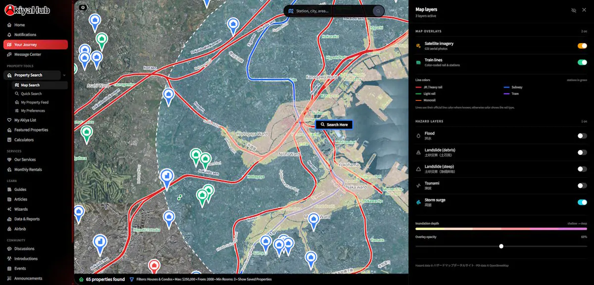 AkiyaHub Map Search showing 65 matching properties around Yokohama with train line and hazard layers switched on