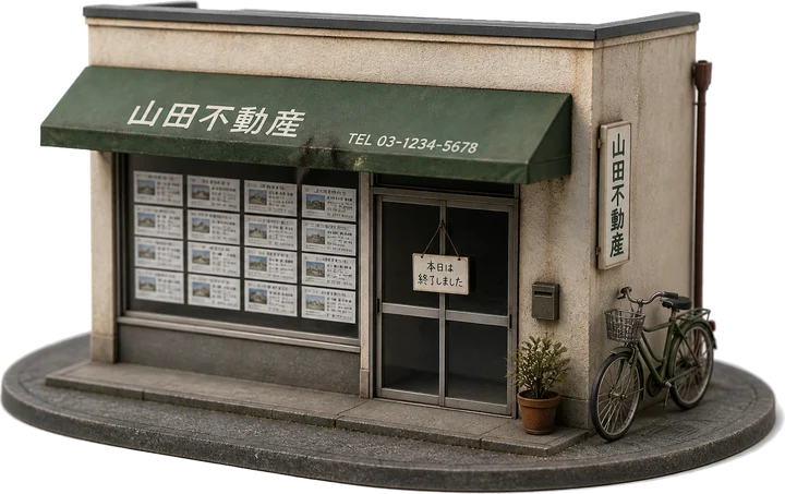 Miniature model of a small Japanese real estate agency, its window papered with listing sheets and a closed sign hanging in the door