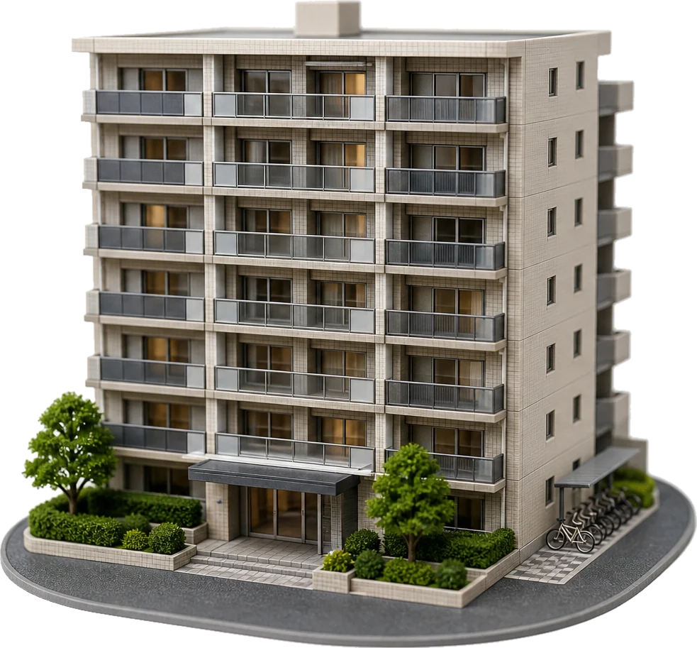Miniature model of a mid-rise Japanese condominium building with rows of glass balconies