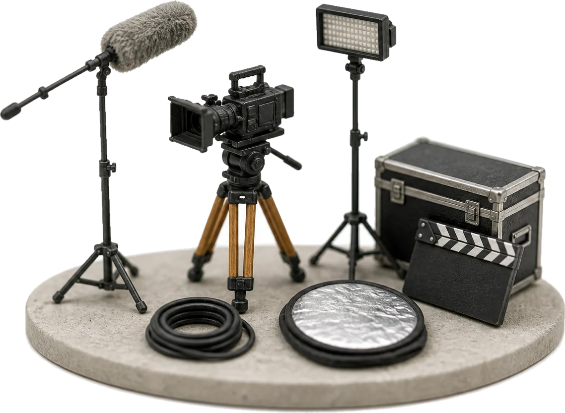 Miniature models of documentary film kit: a camera on a tripod, a boom microphone, a light panel and a flight case