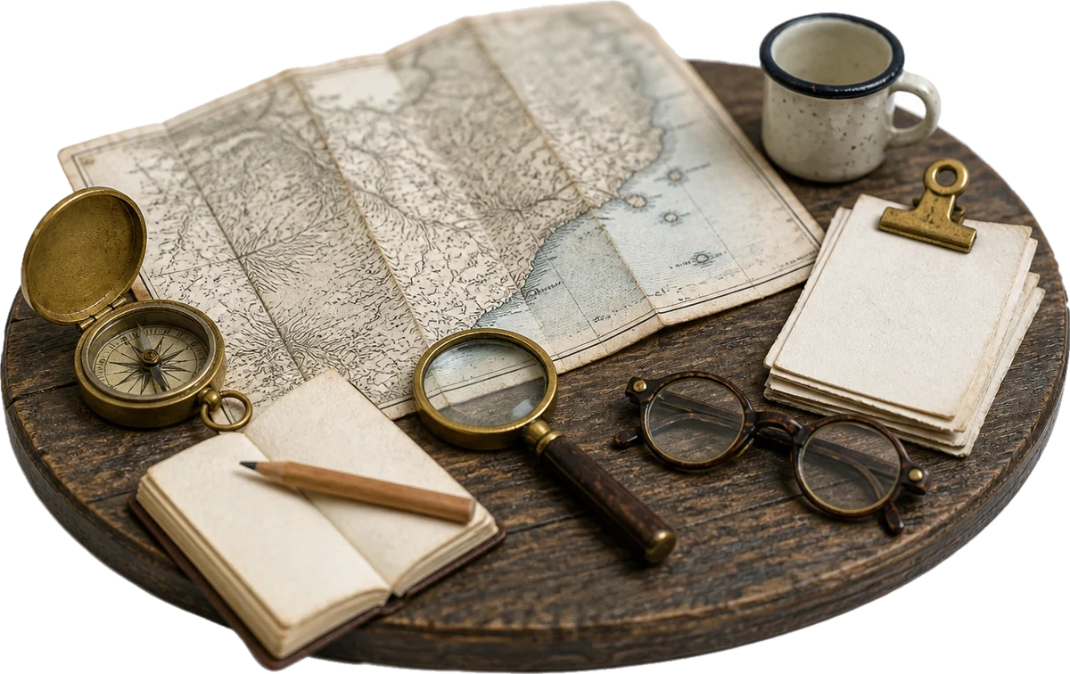 Miniature model of a planning desk laid out with a folded map, a field notebook, a compass and a magnifying glass