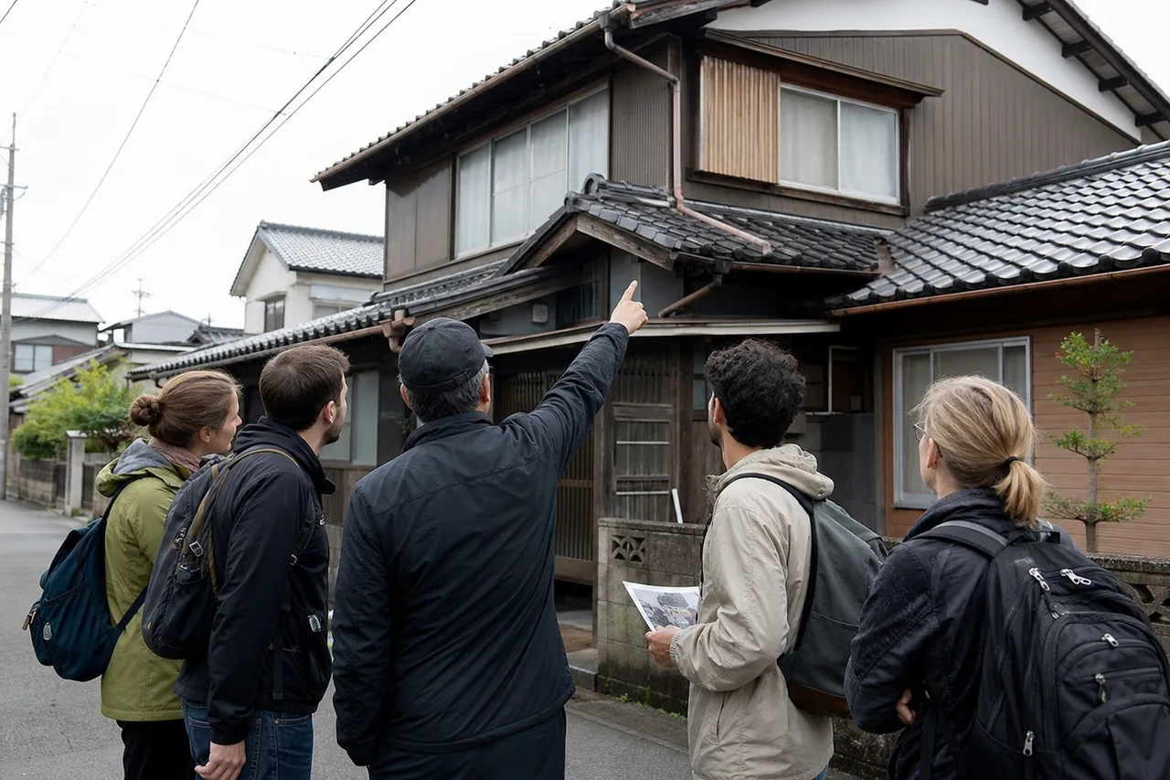 A small group of visitors on a Japanese street listening as a guide points out details on the roof of an older house