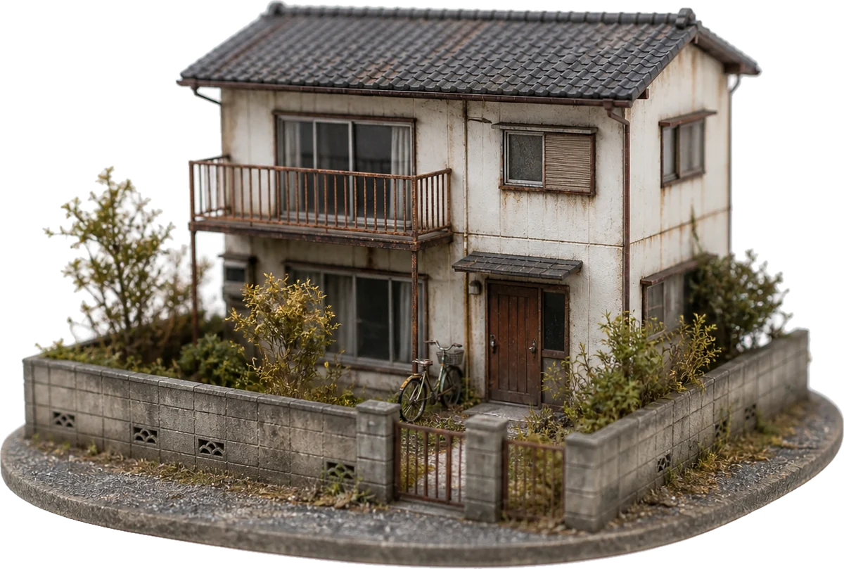 Miniature model of a weathered early-1980s two storey Japanese house behind a low block wall