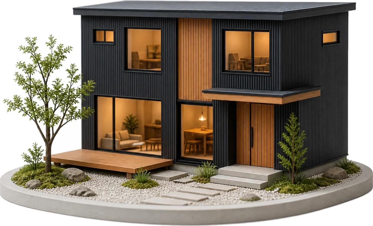 Miniature model of a renovated contemporary Japanese house with dark cladding and timber accents